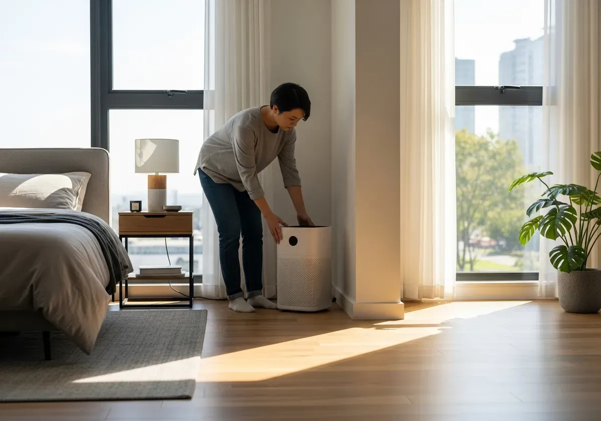 Renter placing portable air purifier in bedroom corner for optimal air quality improvement without landlord permission