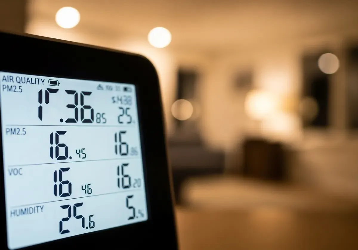 Air quality monitor displaying numerical readings and data for interpreting home air quality test results using DIY and profe