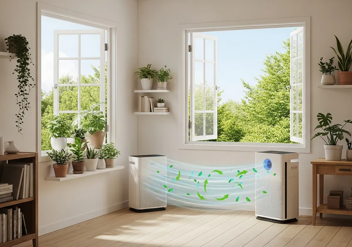 Home interior with air purifier, open windows, indoor plants, and clean surfaces demonstrating indoor air quality testing sol
