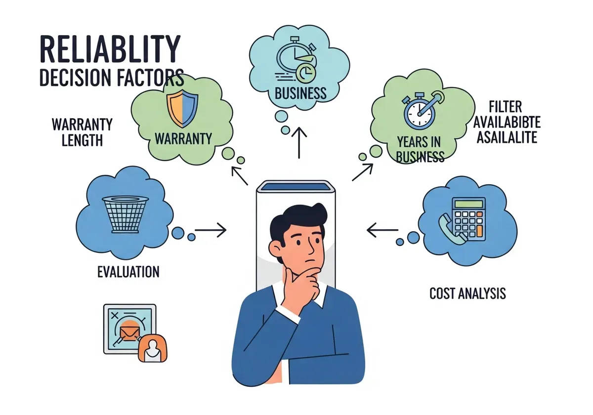 Decision tree flowchart evaluating top air purifier brands by warranty, business history, filter availability, customer servi