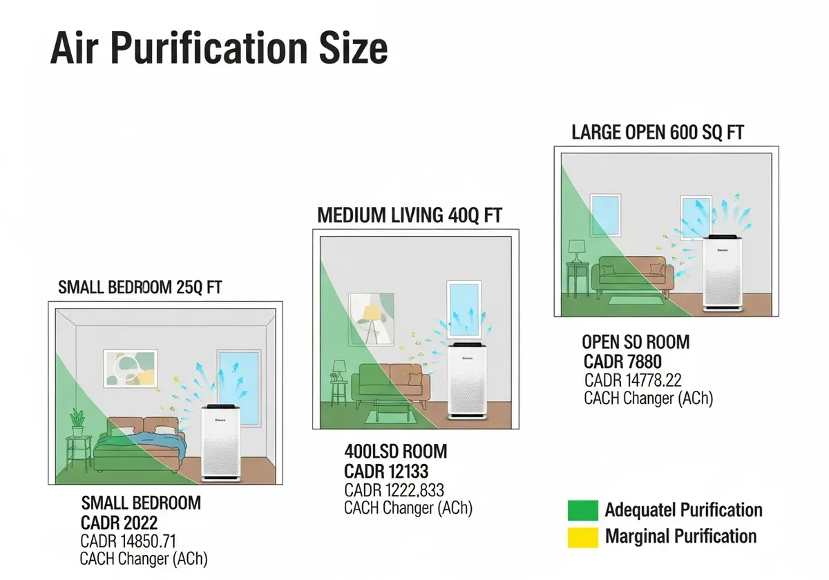 Air purifier CADR ratings chart showing room size compatibility and specifications for optimal air quality improvement