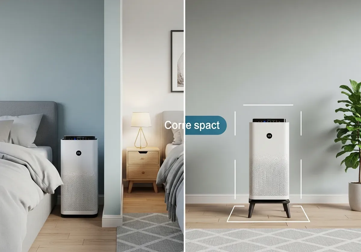 Air purifier incorrectly positioned in bedroom corner blocked by walls, demonstrating poor placement versus optimal room-by-r
