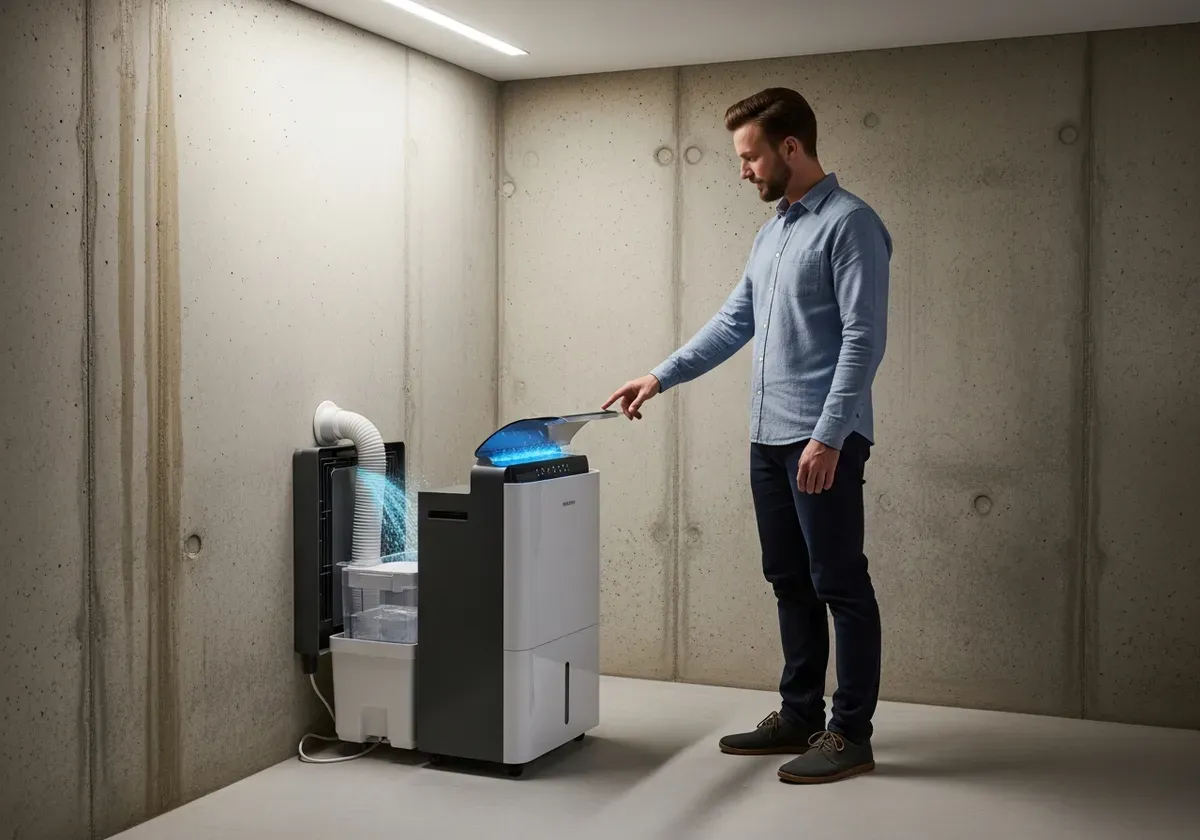 Person operating a dehumidifier in a basement with visible water collection tank, demonstrating humidity control for ideal ho