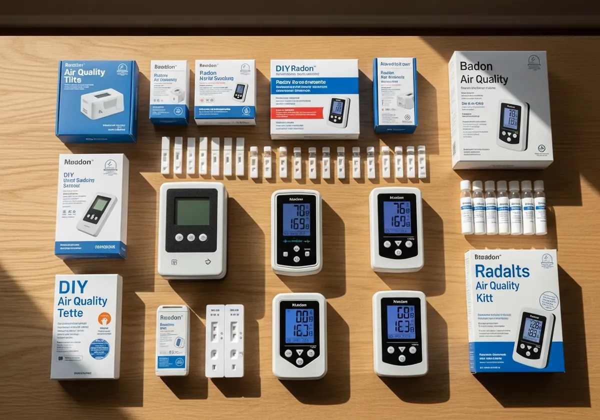 DIY air quality testing kits and radon detectors arranged on table showing affordable home testing options