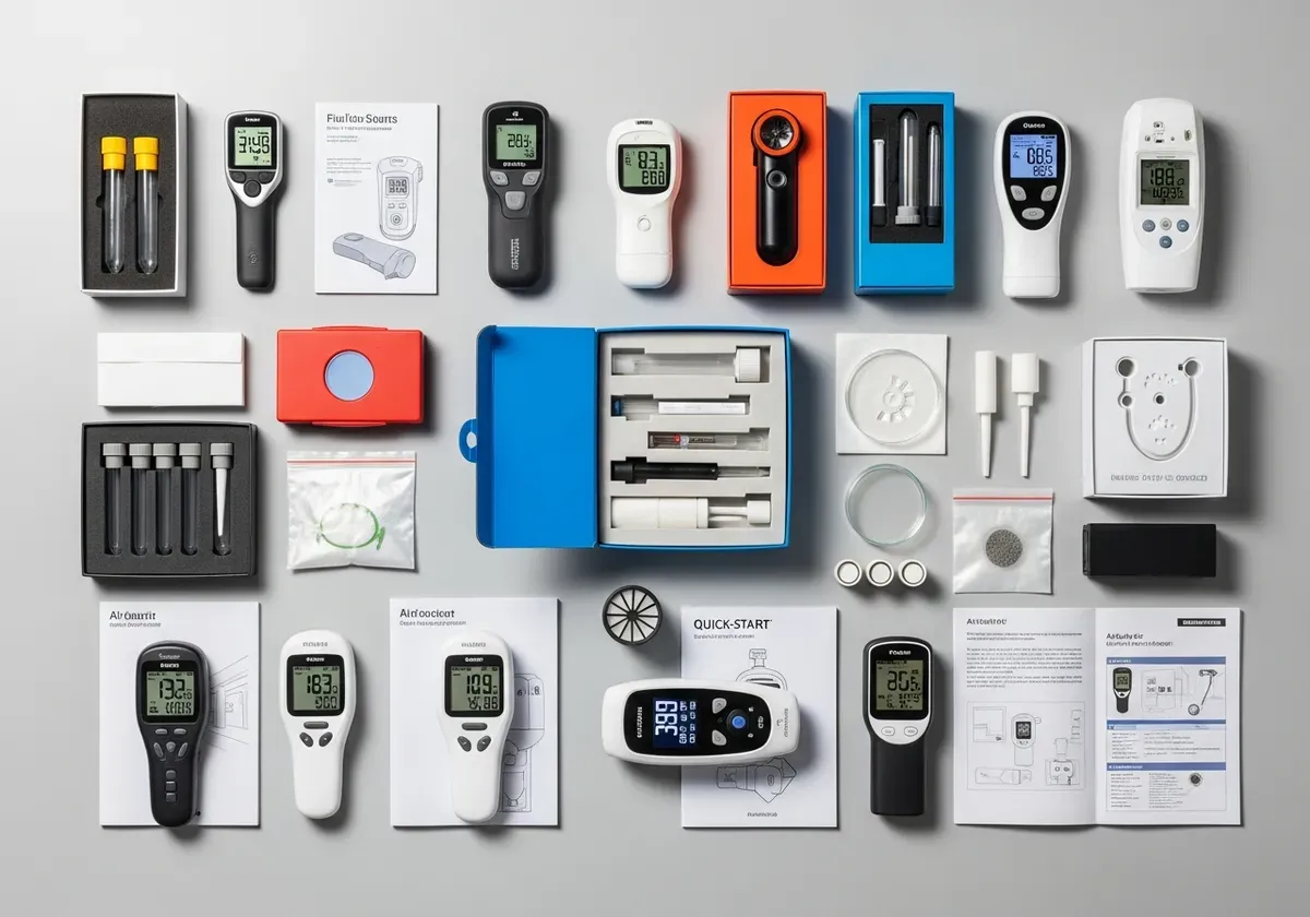DIY air quality testing kits and portable monitors arranged on surface with visible labels for home testing