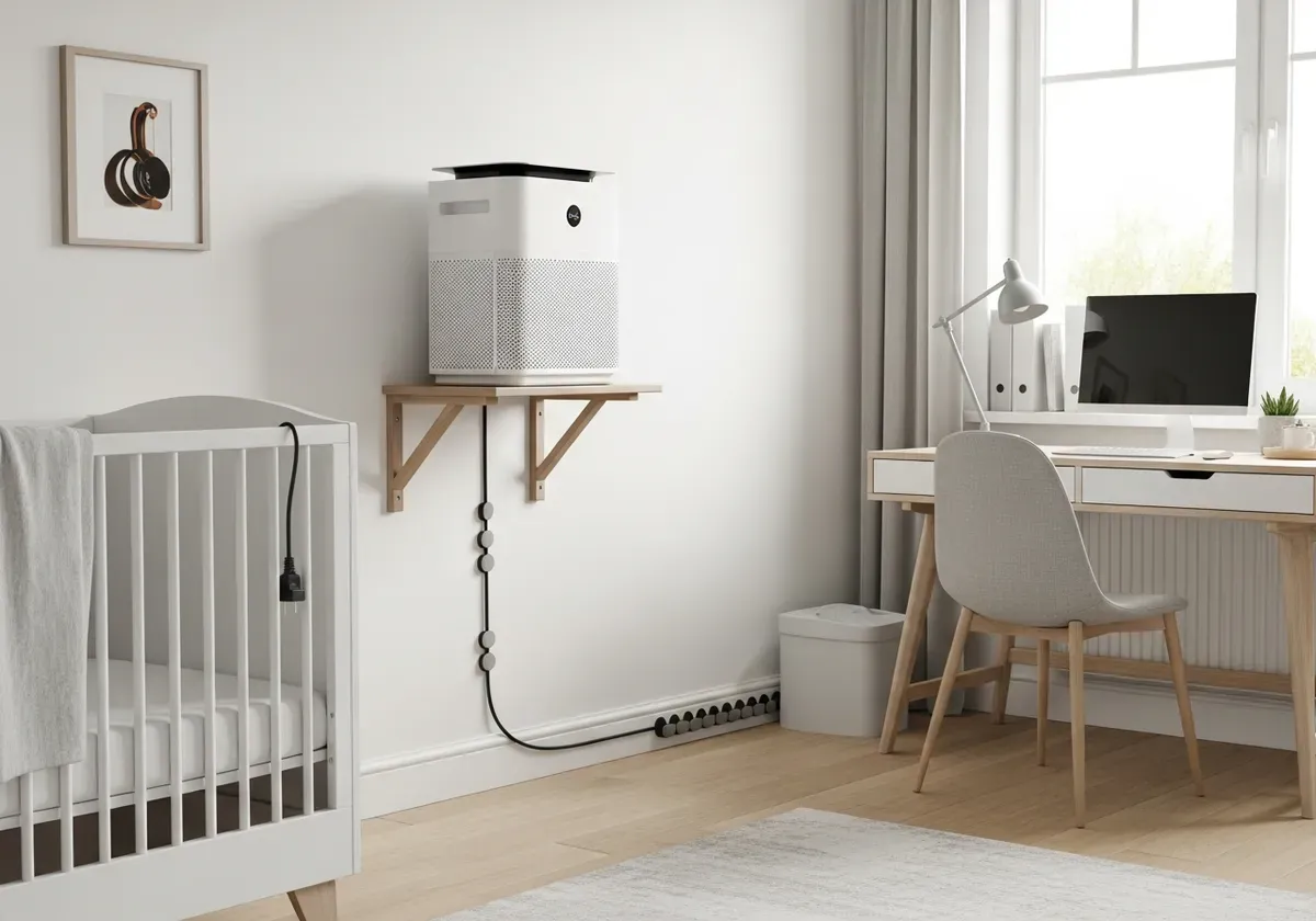 Air purifier on shelf at mid-height in nursery with proper cord management away from electronics