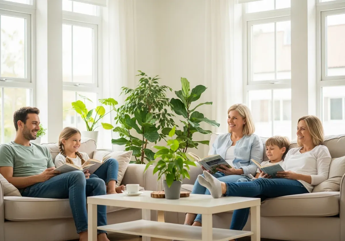 Family enjoying clean air in bright living room, demonstrating health benefits of whole house air purifier installation and c