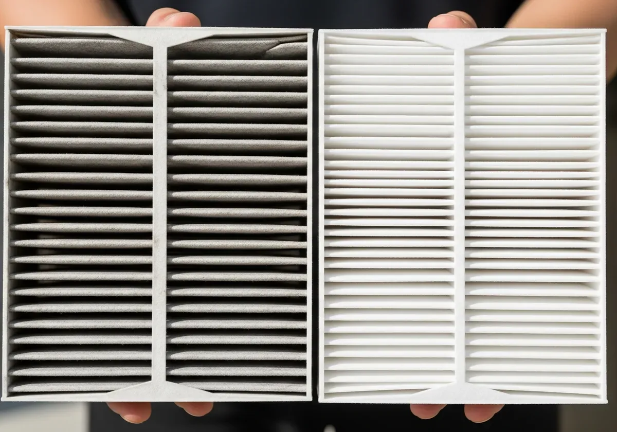 Dirty HEPA filter compared to clean replacement filter showing effectiveness for wildfire smoke air purifiers