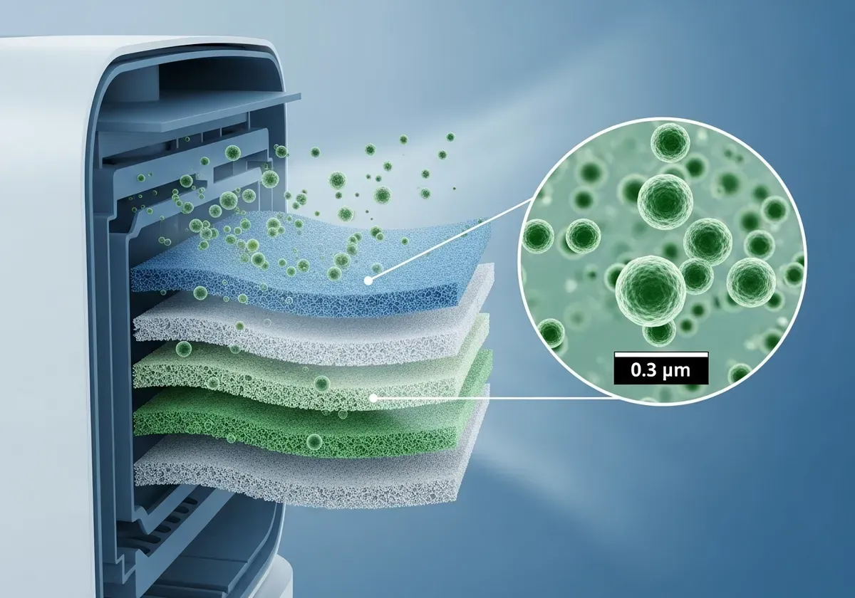 HEPA filter cross-section capturing mold spores from indoor air with magnified microscopic view of filtration layers removing
