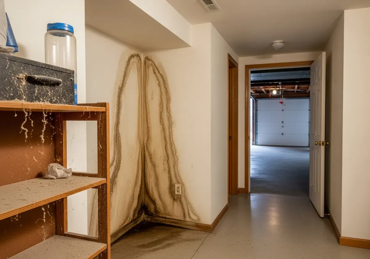 Home interior showing dust accumulation, moisture stains, and garage entrance—common air quality concerns addressed in profes