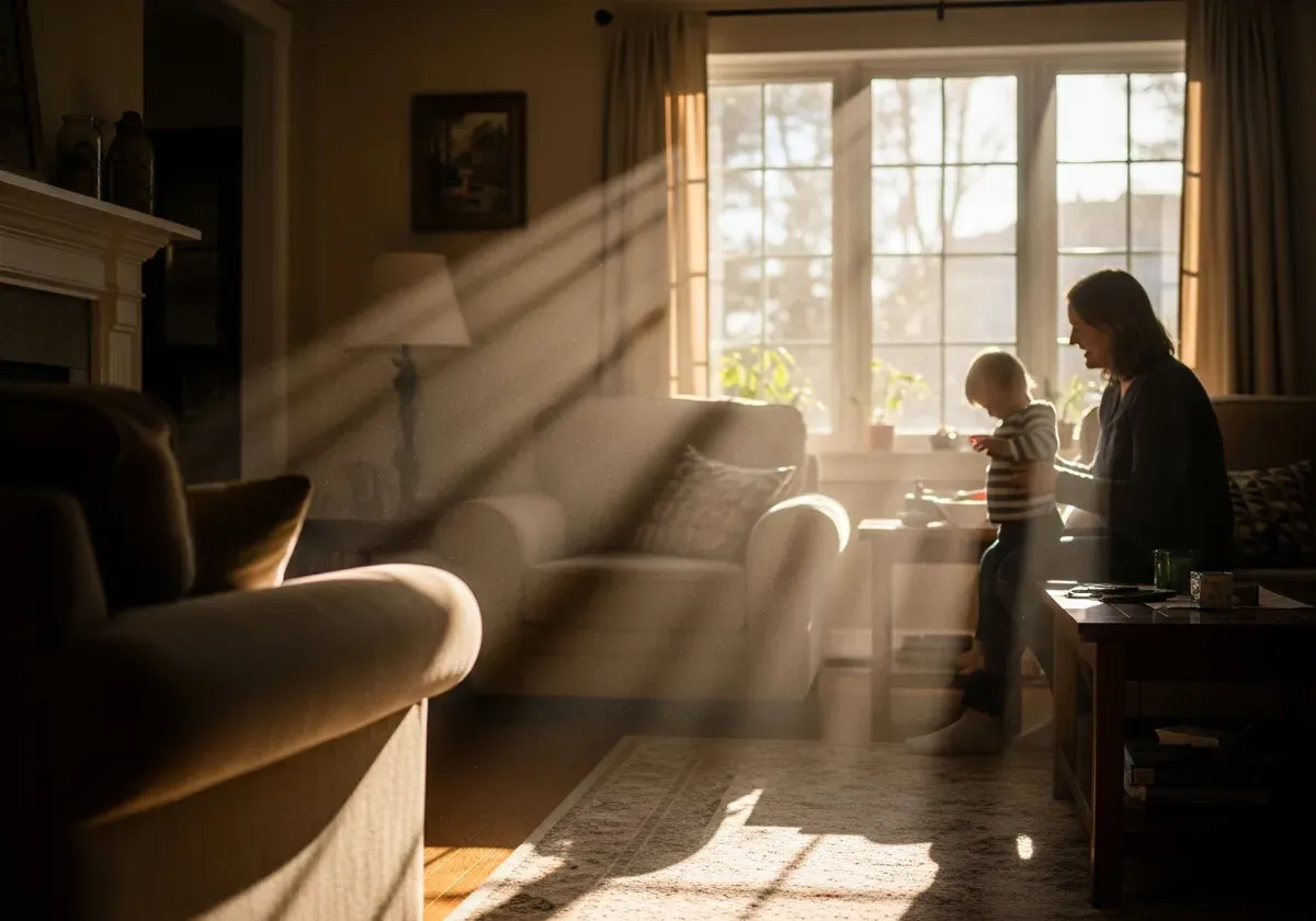 Family in living room with visible dust particles in sunlight, illustrating indoor air quality concerns addressed by MERV Rat