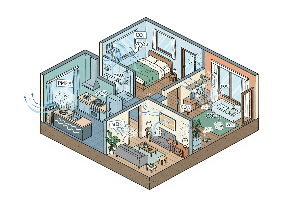 Cross-section illustration of home showing PM2.5 particles, cooking smoke, mold, and CO2 sources in different rooms for air q