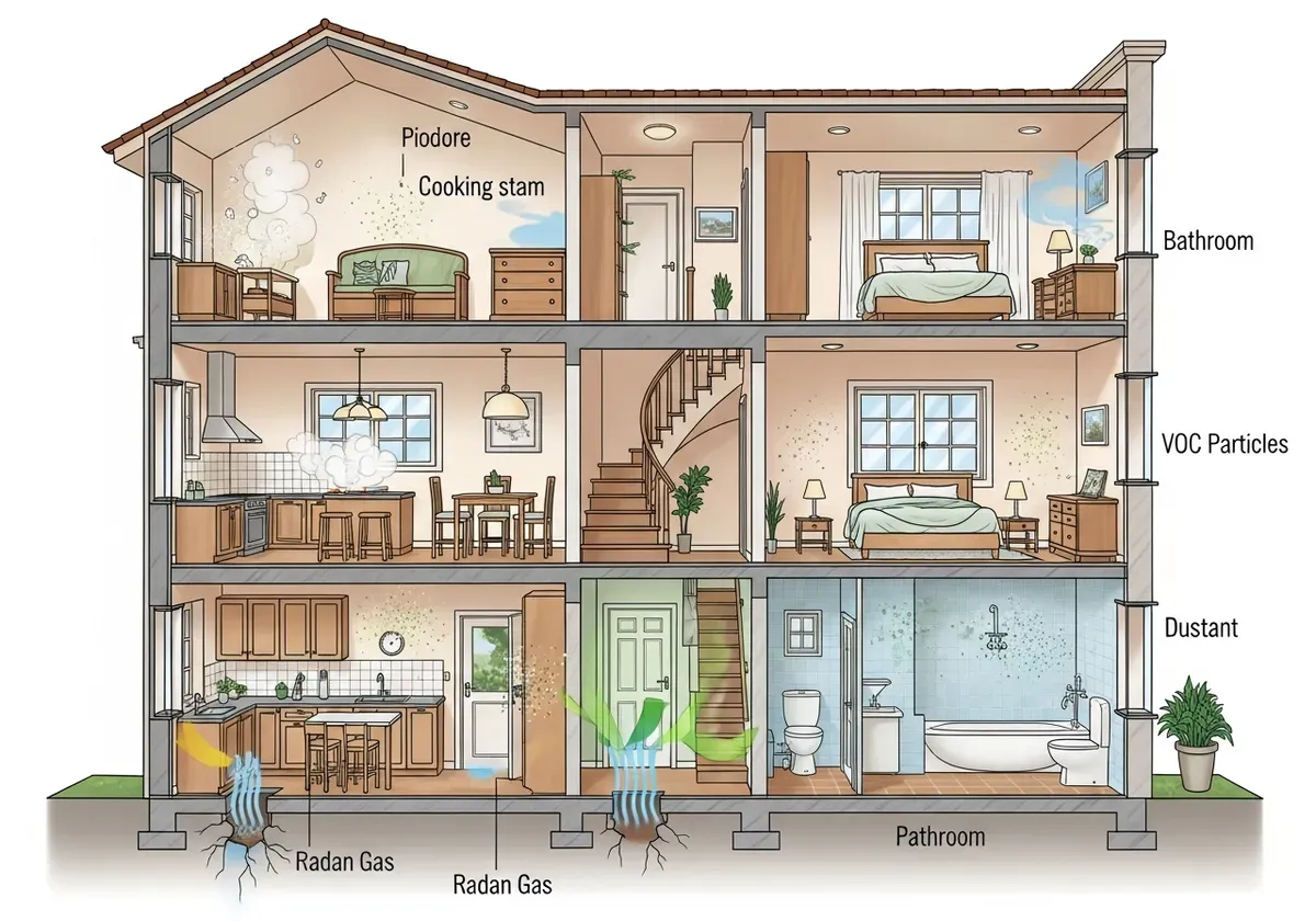 Cross-section illustration of home showing indoor air pollutants: cooking particles in kitchen, mold in bathroom, radon throu