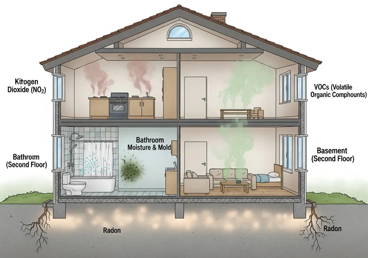 Home cross-section showing indoor air pollutant sources including cooking particles, VOC off-gassing, radon, and mold for air