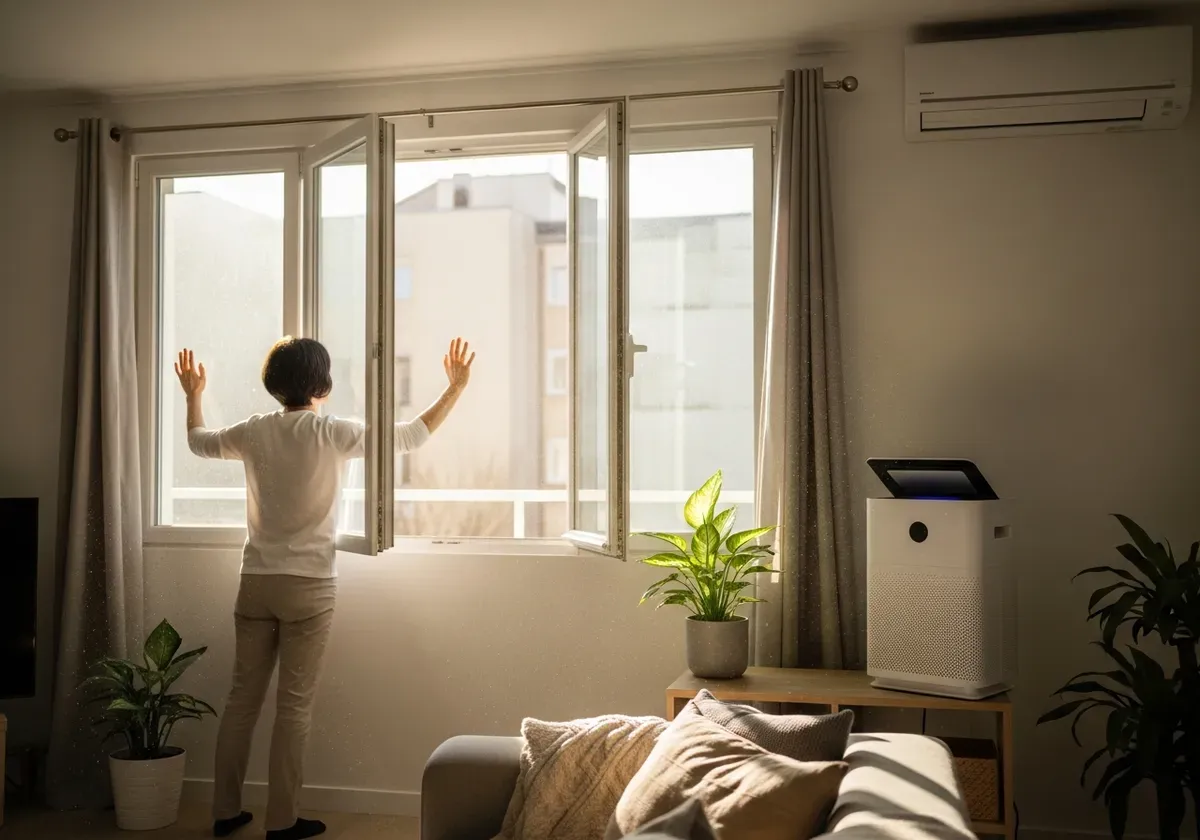 Homeowner improving indoor air quality by opening windows and adjusting air purifier after testing air quality in home