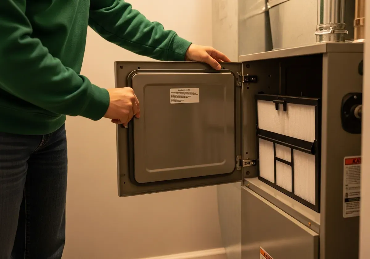 Person replacing residential HVAC air filter in home furnace, demonstrating proper filter location and access for MERV Rating