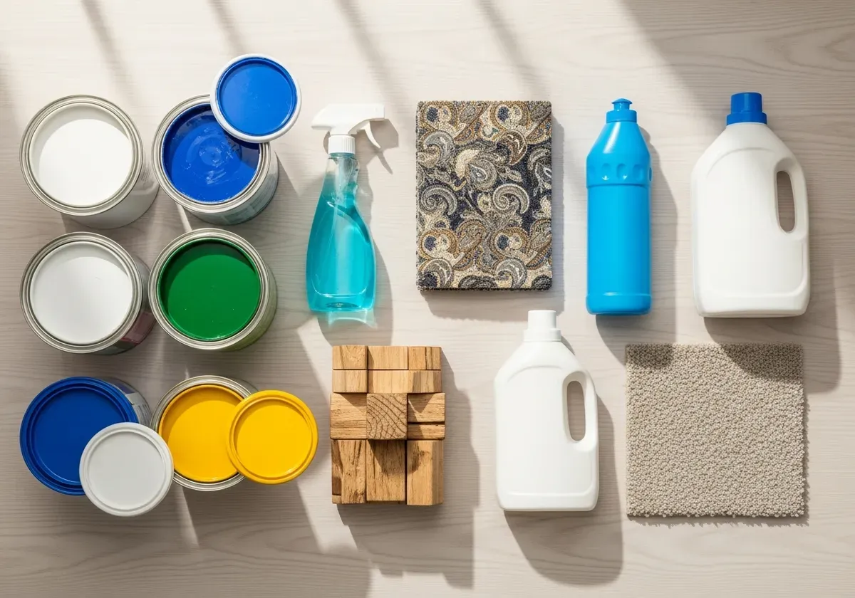 Common household VOC sources including paint cans, cleaning supplies, and furniture that air purifiers help remove for health