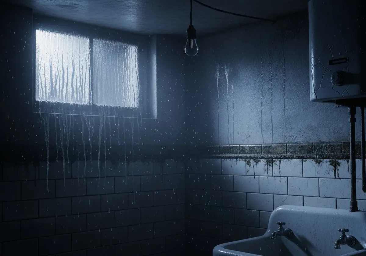 Humid basement with condensation on walls and windows, showing mold-prone environment where air purifiers help remove spores