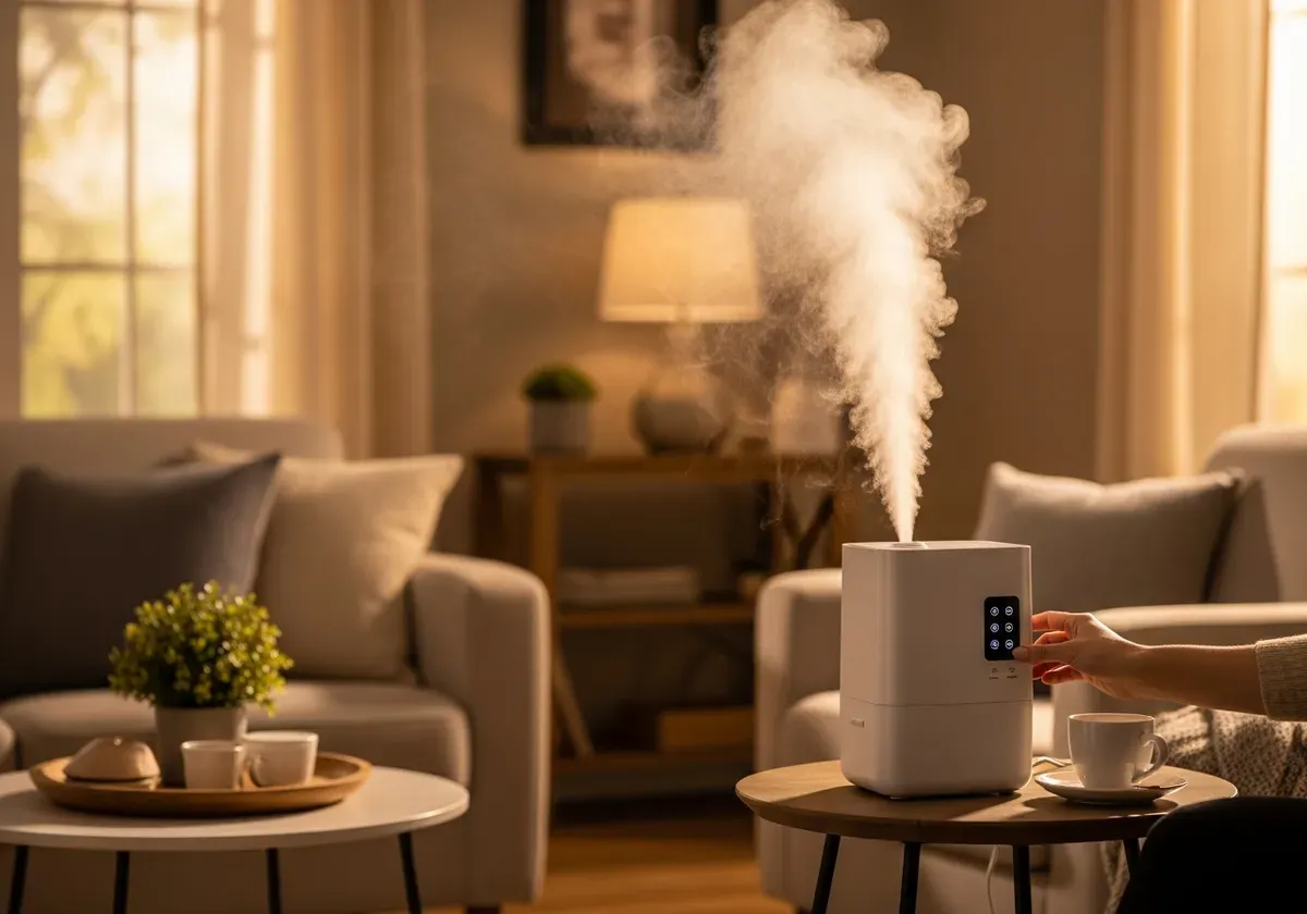 Modern humidifier releasing visible mist in cozy bedroom, demonstrating ideal humidity levels for home comfort and healthy in