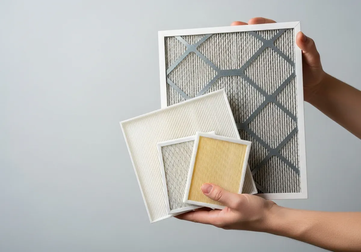 Hands holding various HVAC filters of different sizes and types, displaying filter options for your home HVAC system MERV rat