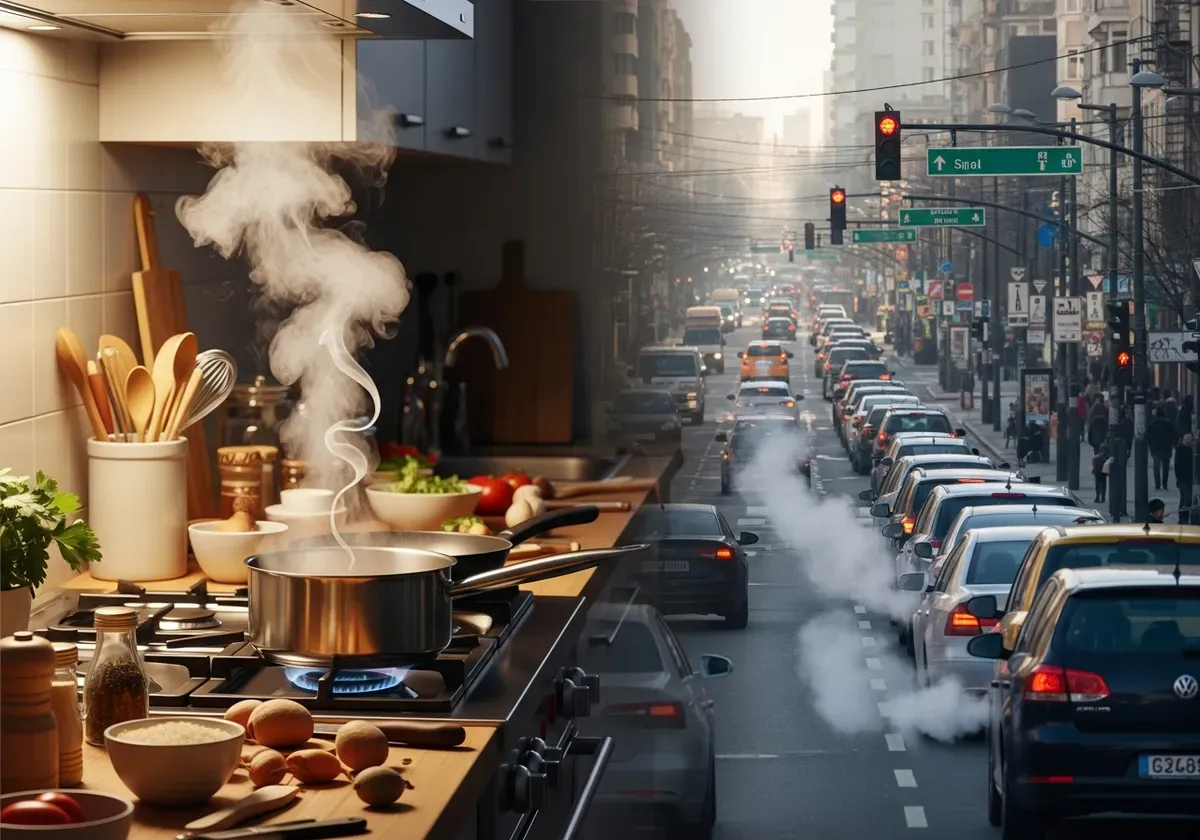 Split-screen showing indoor cooking smoke and outdoor urban air pollution, illustrating sources monitored by home air quality