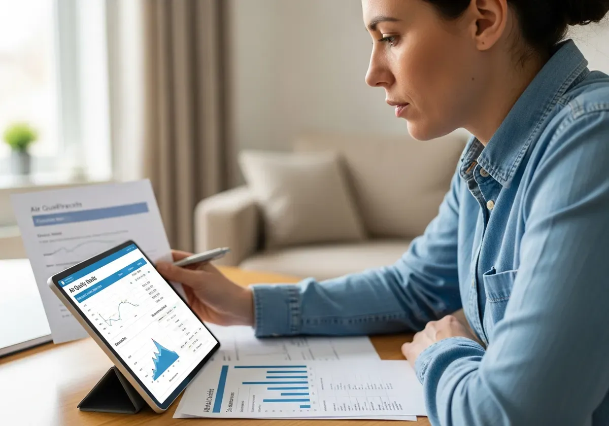 Person reviewing indoor air quality test results on a digital device, analyzing home testing data with focused expression