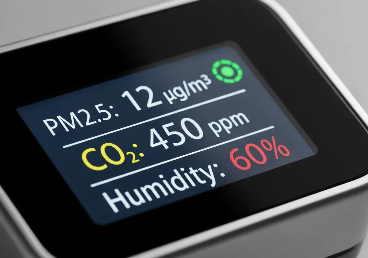 Digital air quality monitor displaying PM2.5, CO2 levels, and humidity with color-coded indicators for home testing