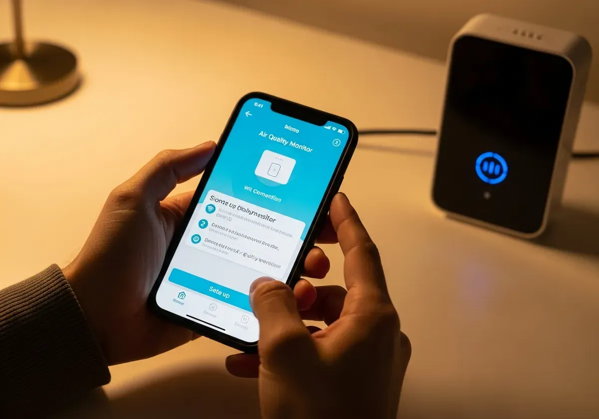 Person connecting air quality monitor to power and WiFi network using smartphone app for home monitoring system setup