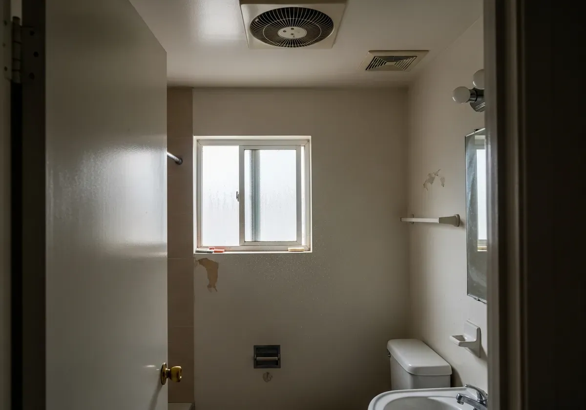 Older apartment bathroom with inadequate ventilation showing window and exhaust fan area, illustrating rental air quality cha