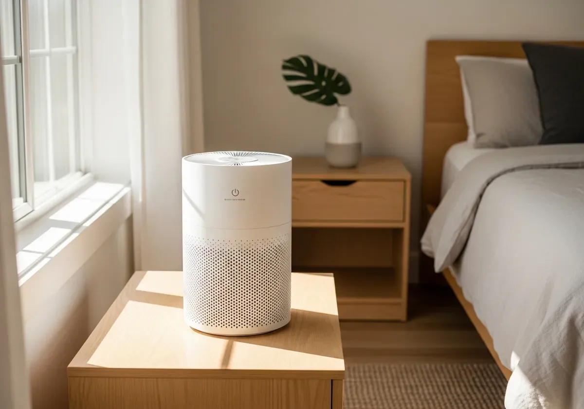 Portable bedroom air purifier on nightstand, an affordable alternative to whole house air purifier systems for cost-conscious