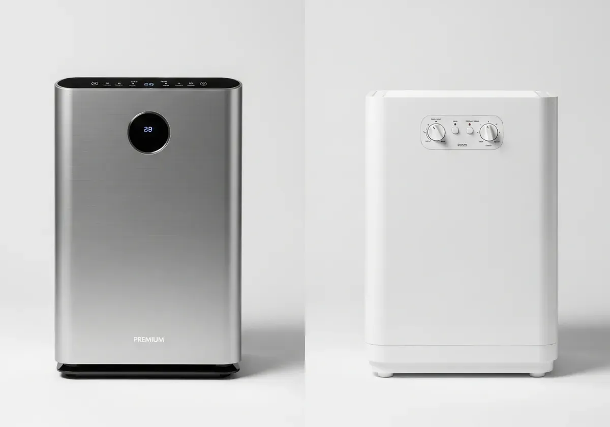 Premium air purifier with sleek modern design compared to budget model, highlighting quality differences in build and materia