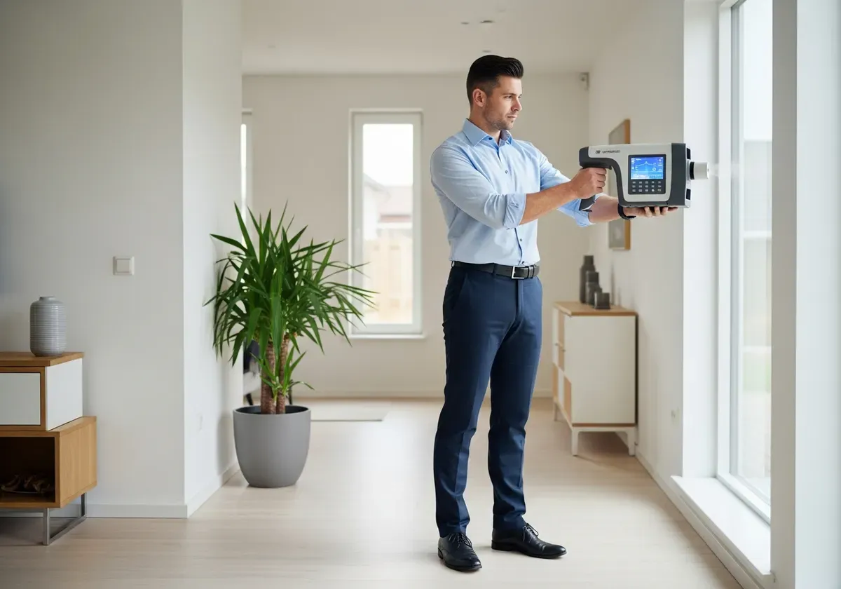Professional technician conducting indoor air quality testing in home using specialized equipment to measure air pollutants a