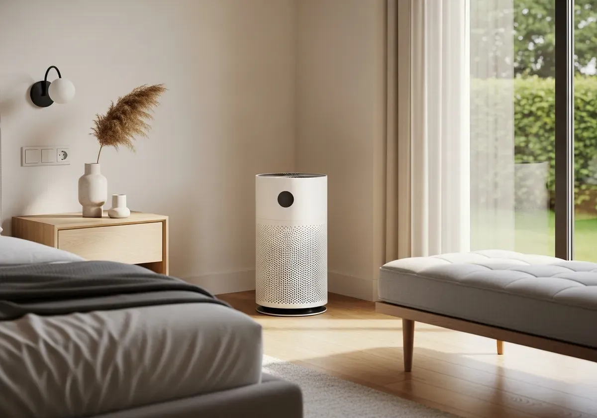 Air purifier in bedroom corner demonstrating optimal placement for air circulation and health benefits