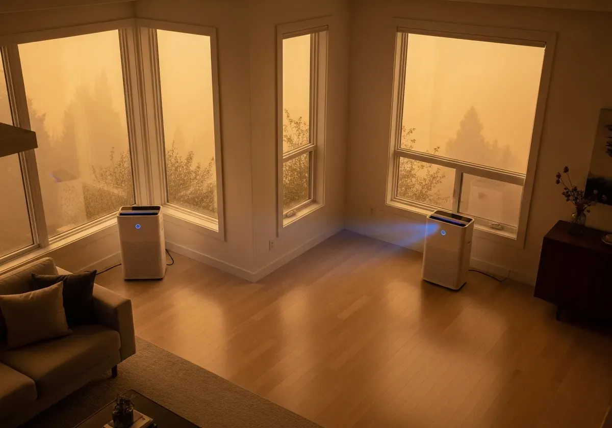 Modern living room with strategically placed air purifiers in corners and near windows for optimal wildfire smoke protection 