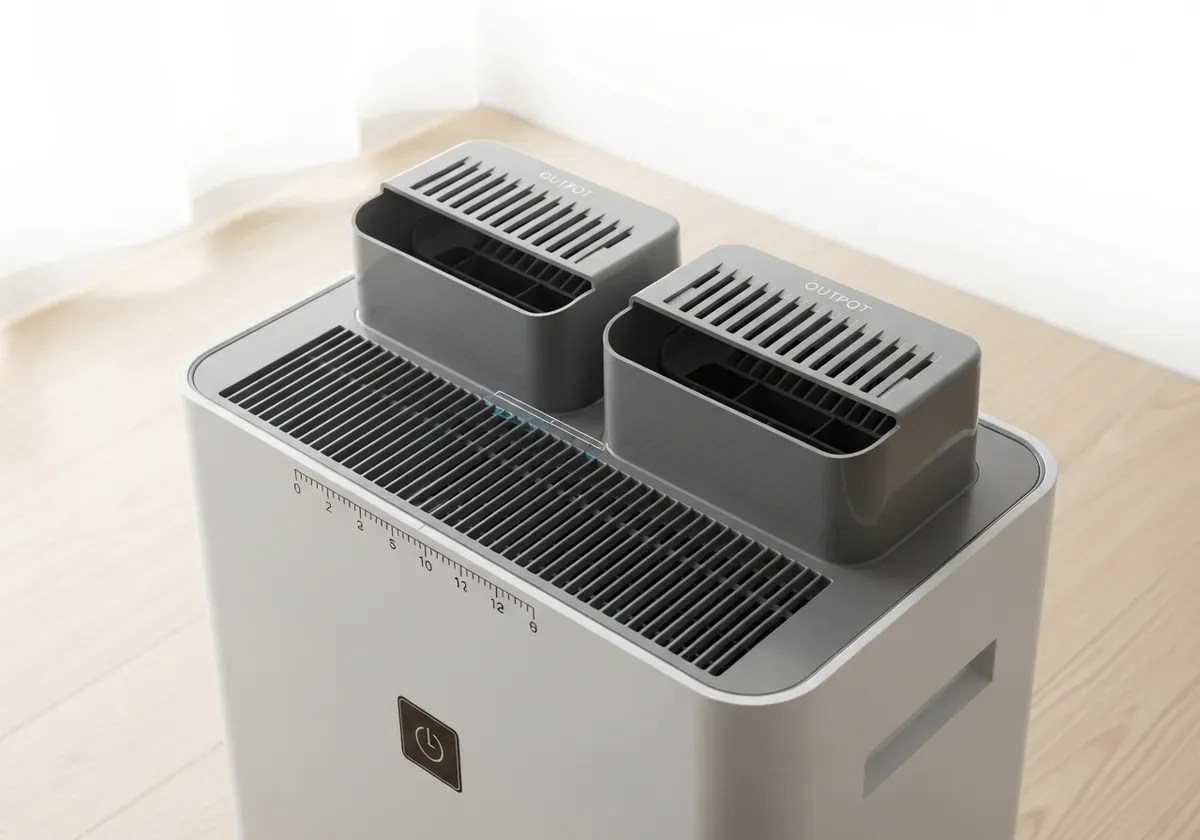 Air purifier with intake and output vents showing proper 6-12 inch clearance spacing from walls for optimal placement