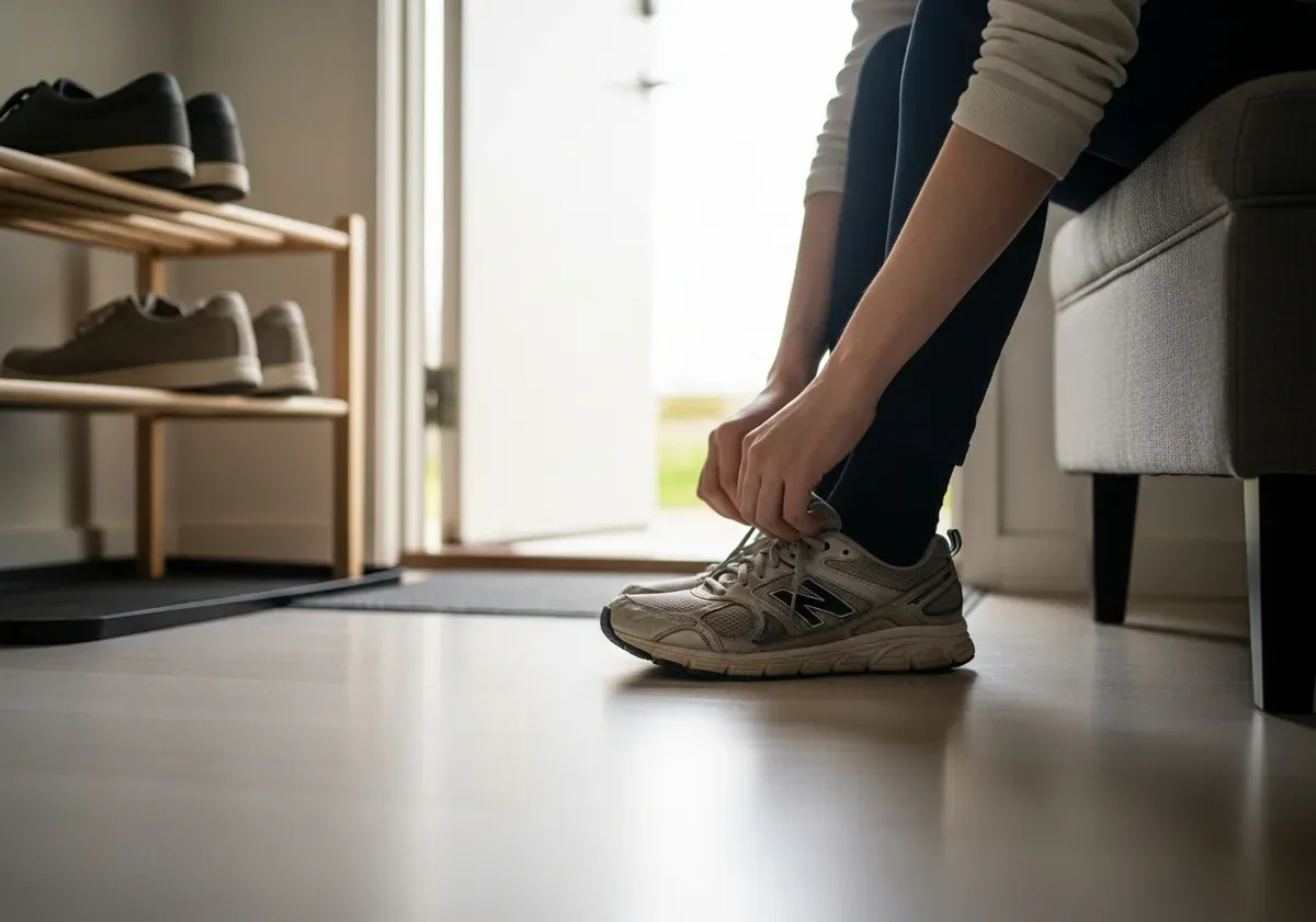 Person removing shoes at rental apartment doorway with shoe rack, demonstrating no-permission air quality improvement solutio