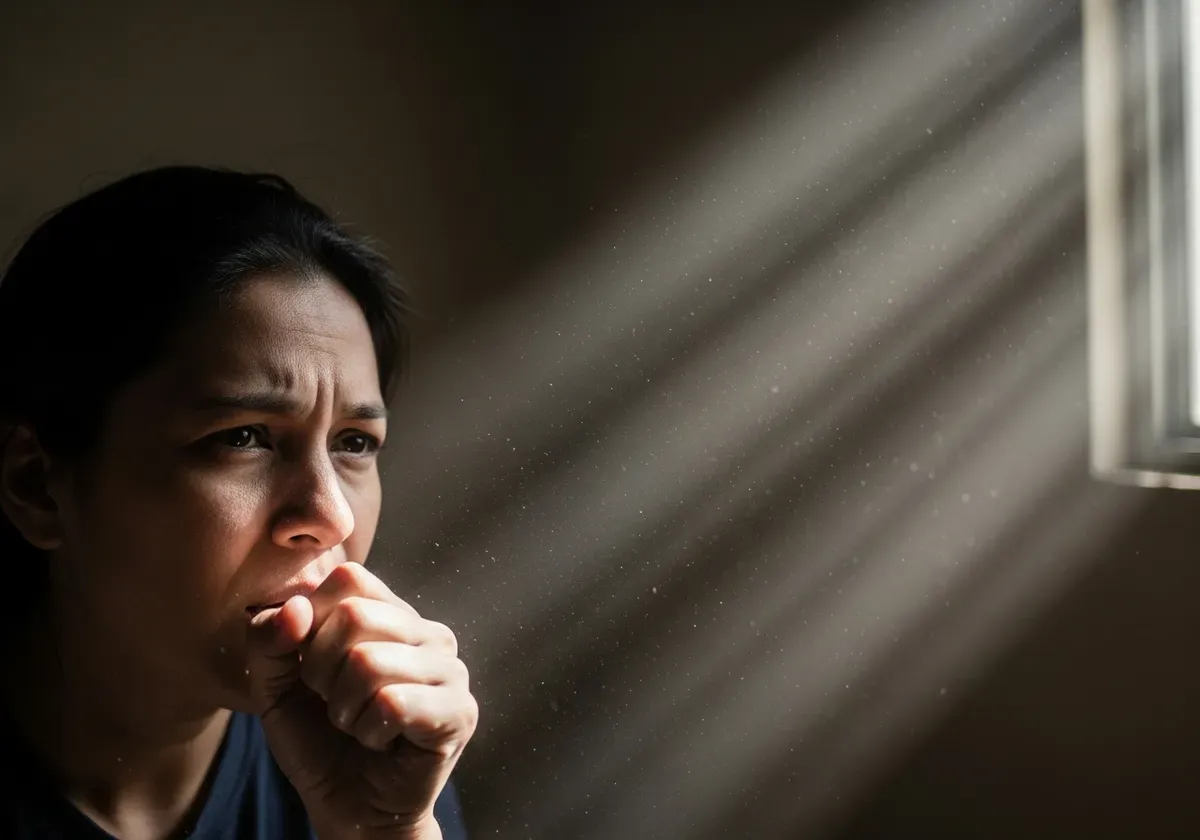 Person coughing in dusty indoor space with visible particles, highlighting need for air quality monitoring