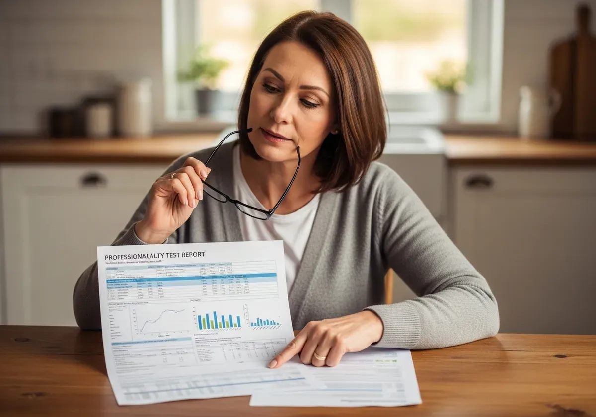 Homeowner reviewing air quality test report at kitchen table, examining measurements and recommendations with concern about i