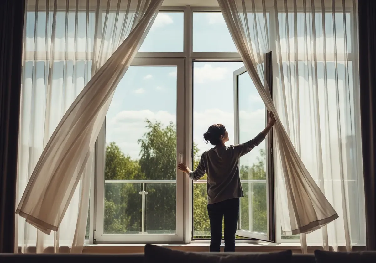 Person opening windows in bright room with fresh outdoor air flowing in, demonstrating natural ventilation for improved indoo