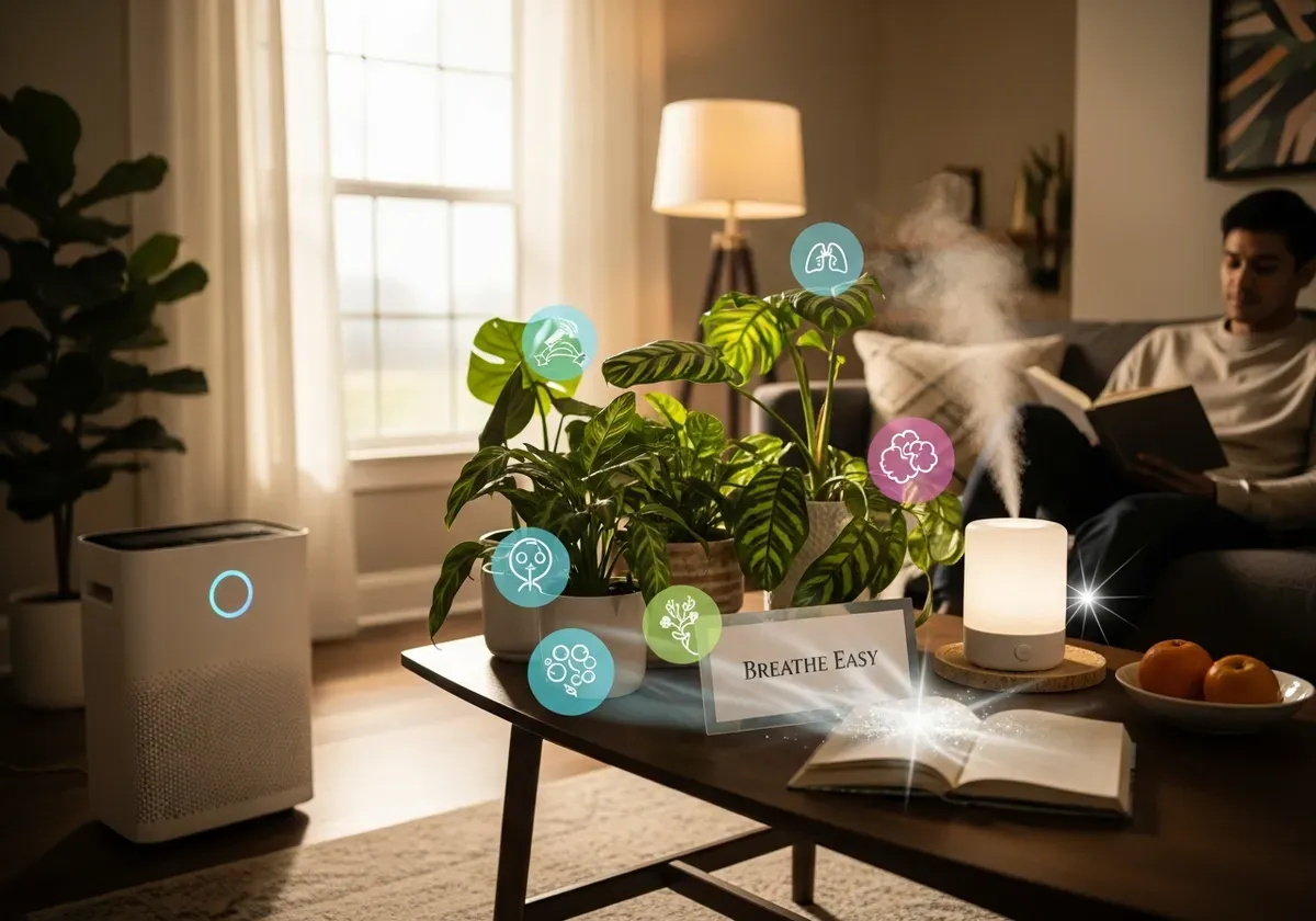 Older adult breathing easily indoors, demonstrating air purifier health benefits for improved respiratory wellness and home c