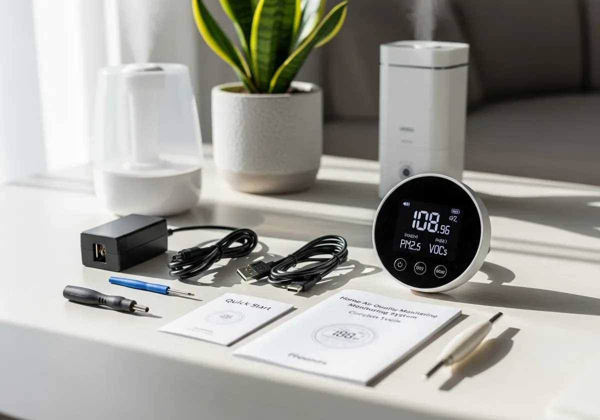 Air quality monitor mounted on bedroom wall at optimal height, away from windows for accurate Home Air Quality Monitoring Sys