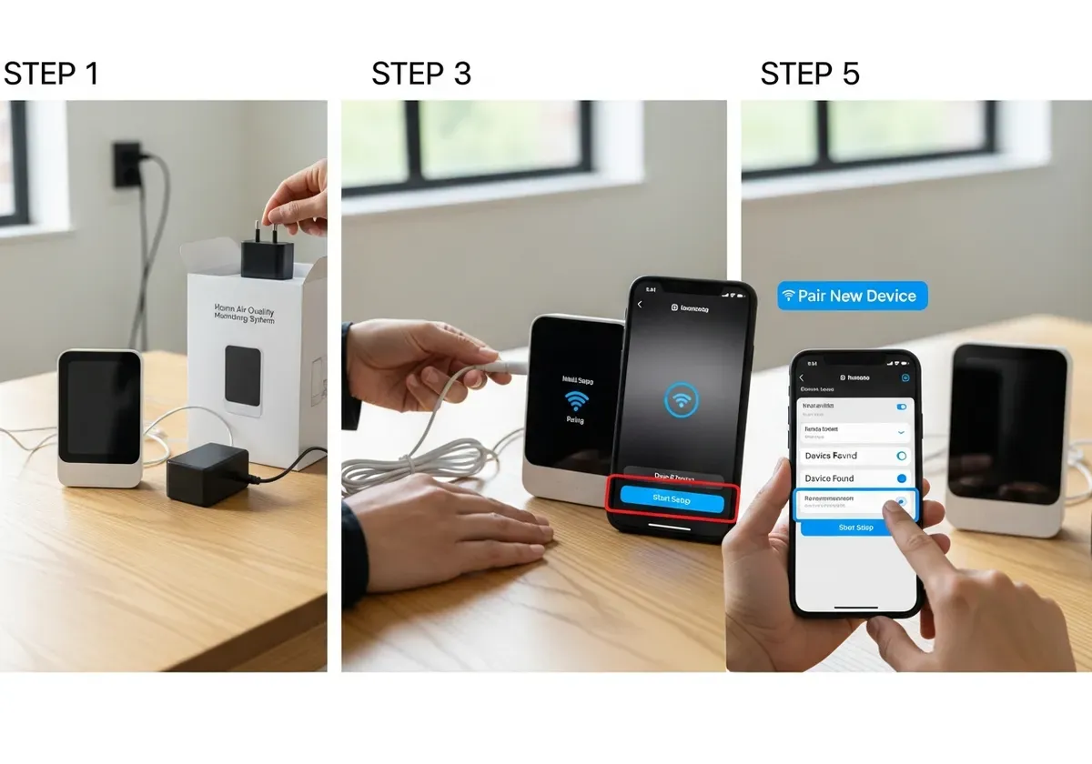 Person checking WiFi signal strength on smartphone near home router for air quality monitoring system setup