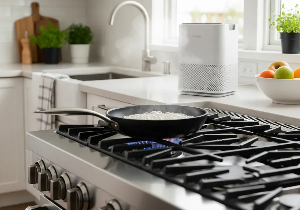 Air purifier on elevated kitchen shelf away from stove and cooking steam, demonstrating proper placement guide for kitchen ai