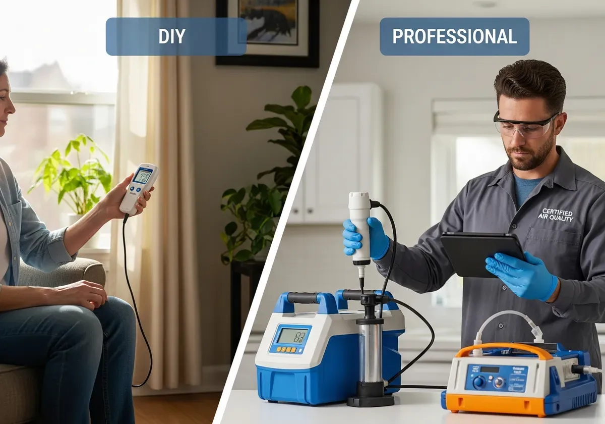 Professional and portable air quality testing devices being used side-by-side for home indoor air quality testing comparison