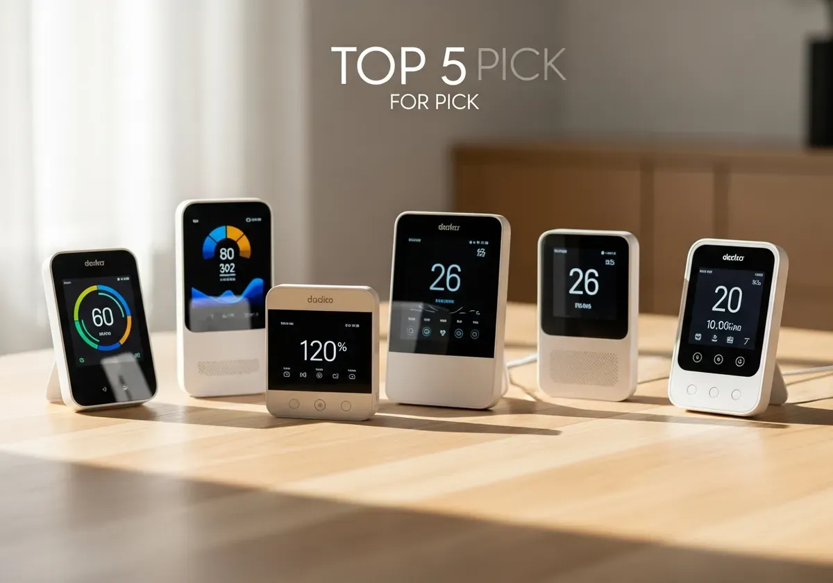 Five modern air quality monitors arranged on white surface, displaying various designs and digital screens for 2024 buyer's g