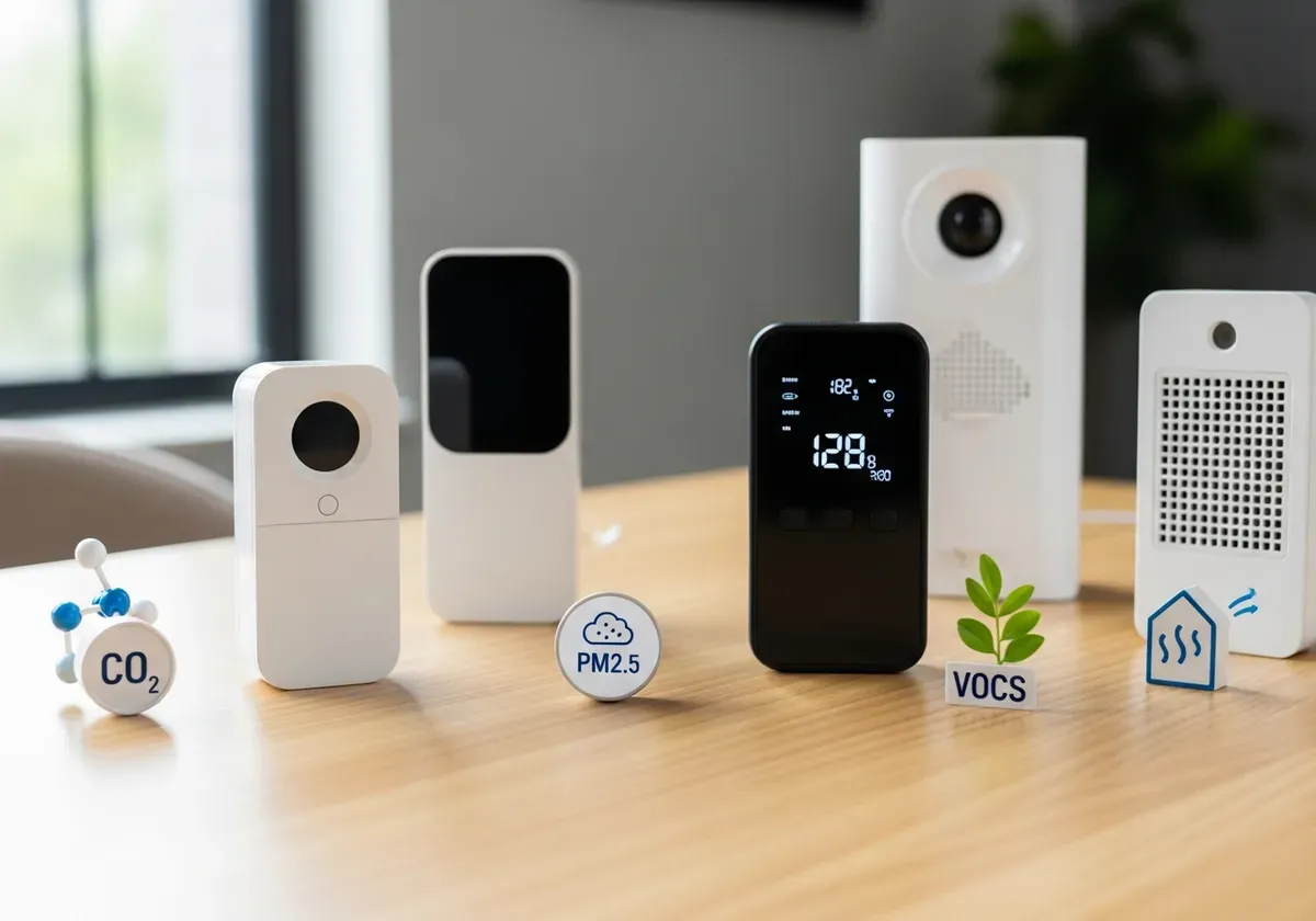 Hand pointing at air quality monitor display showing color-coded readings in home for 2024 buyer's guide