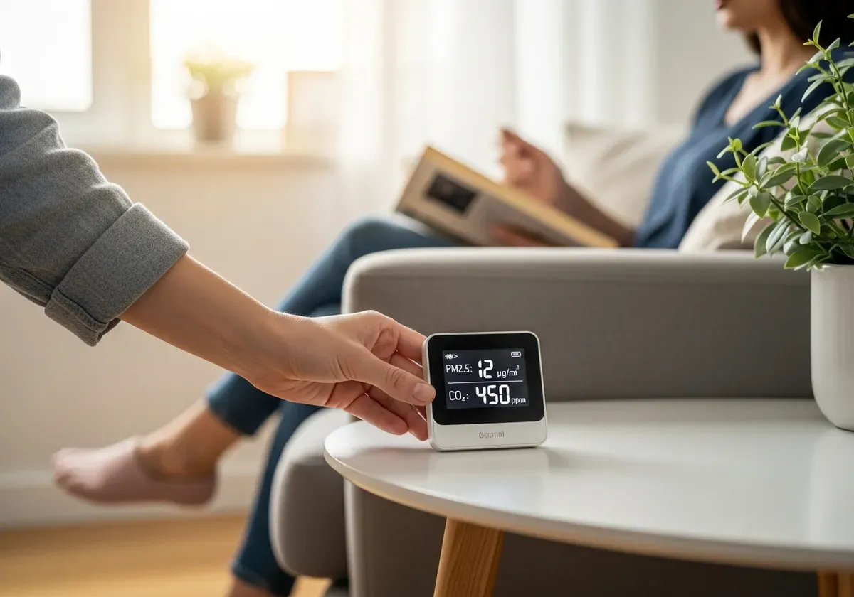 Air quality monitor on bedroom nightstand displaying readings while person sleeps peacefully in morning sunlight