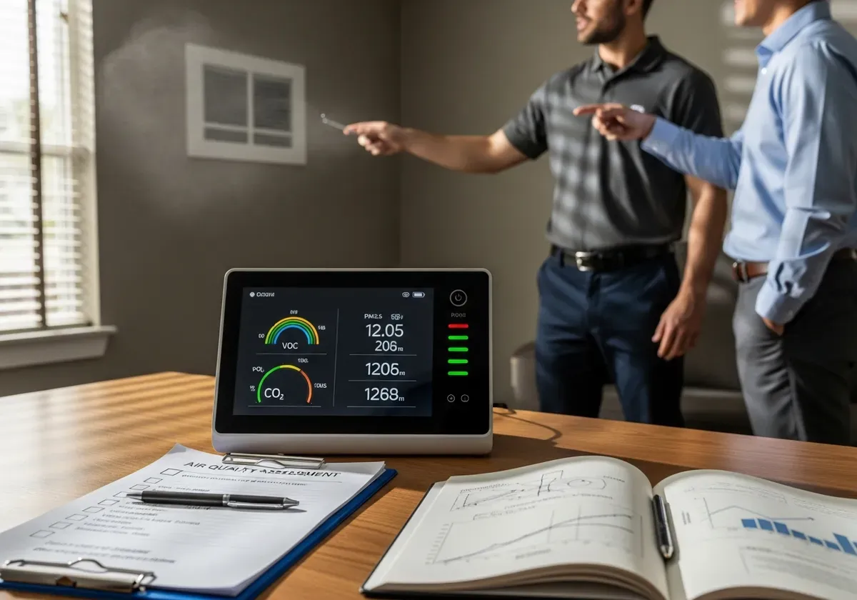 Technician collecting air sample in bedroom canister for professional air quality testing, documenting findings on clipboard