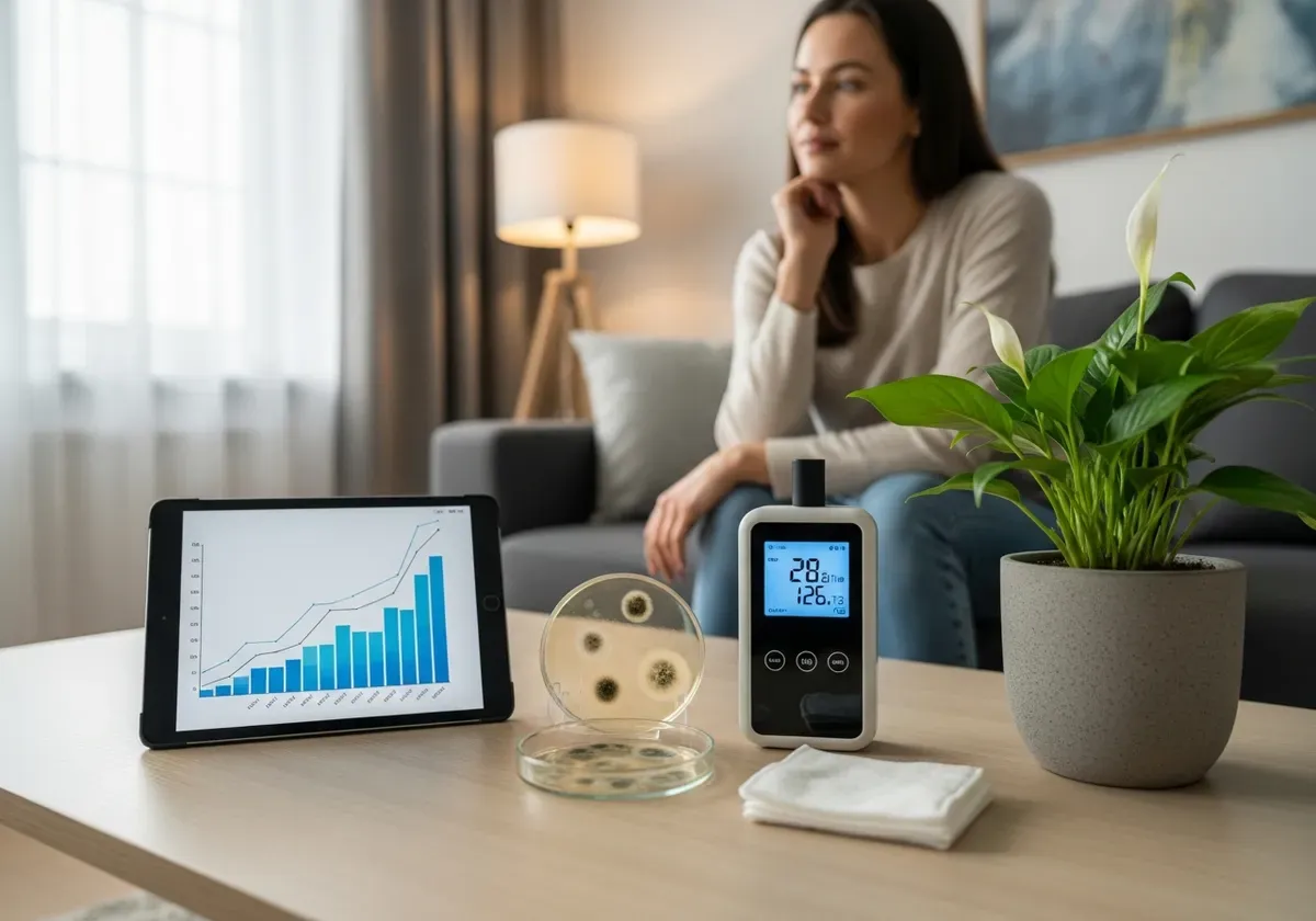 Person indoors coughing near window with visible dust particles in sunlight, showing health effects of poor home air quality