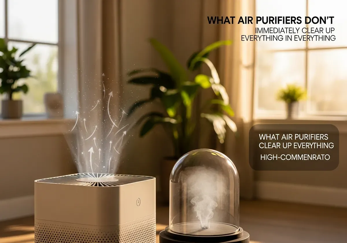 Person with allergies finding relief in a clean home with a modern air purifier running in the background